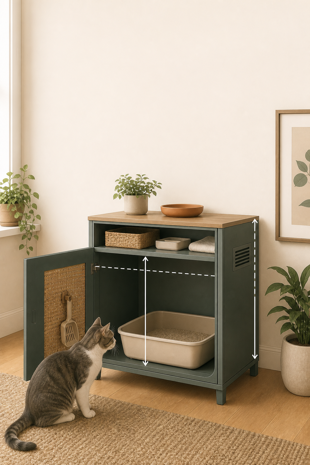 Editorial cutaway showing the separate storage and usable litter-box compartments inside a cabinet