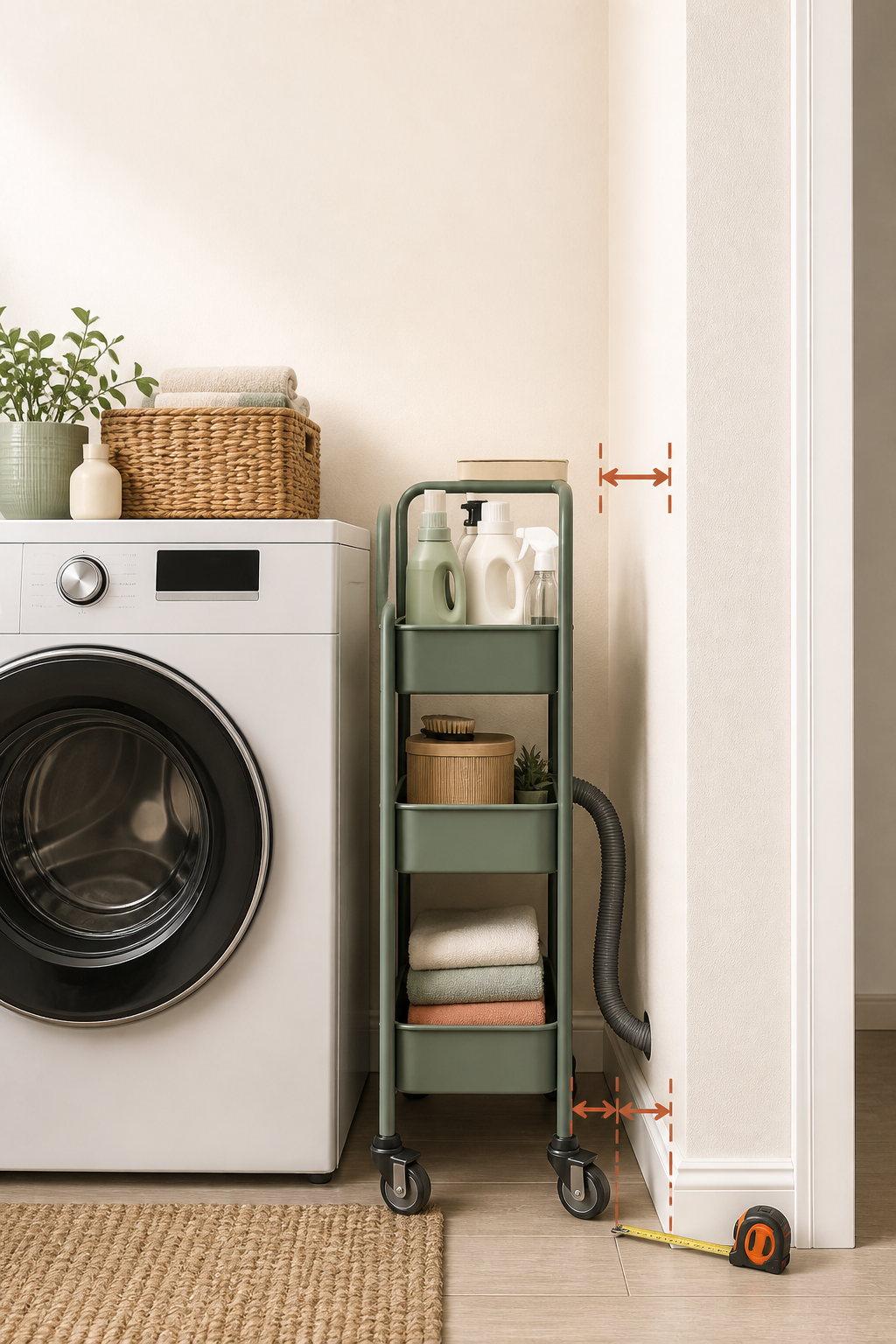 Editorial illustration showing a skinny laundry cart measured at the floor beside a washer, baseboard, hoses, and valves